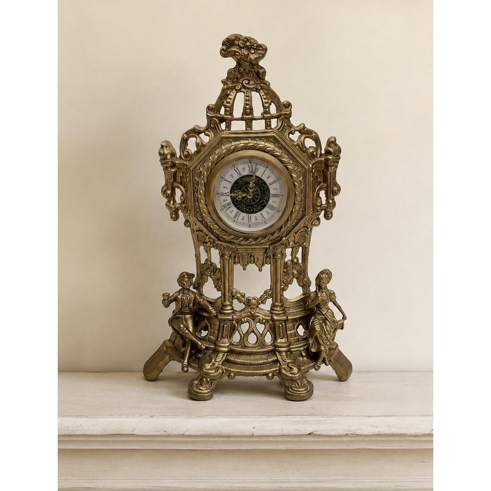 Vintage West Germany Cast Metal Mantel Clock Baroque Ornate Figural Gold *Works*